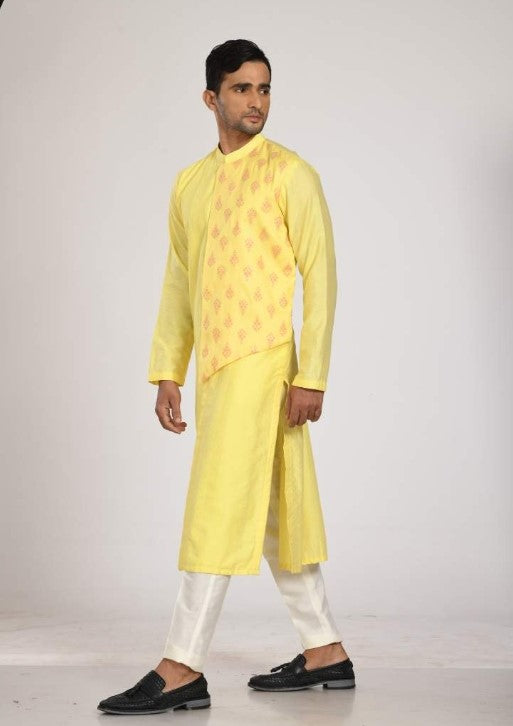 Yellow Flap Kurta With Embroidery With Chus Pajama