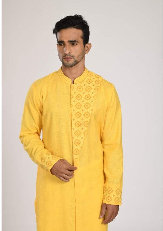 Yellow Katha Embroidered Flap Kurta With Churidar