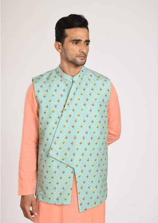 Peach Kurta With Asymmtrical Printed Jacket With Churidar