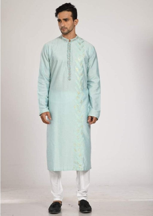 Aqua Blue Hand Embroidered Applique Kurta With Churidar