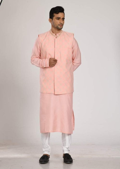 Pink Kurta With Stiched Detaled Nehru Jacket With Churidar