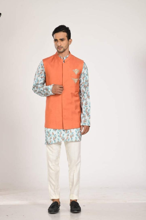 Green Printed Kurta With Hand Embroidered Nehru Jacket With Pant