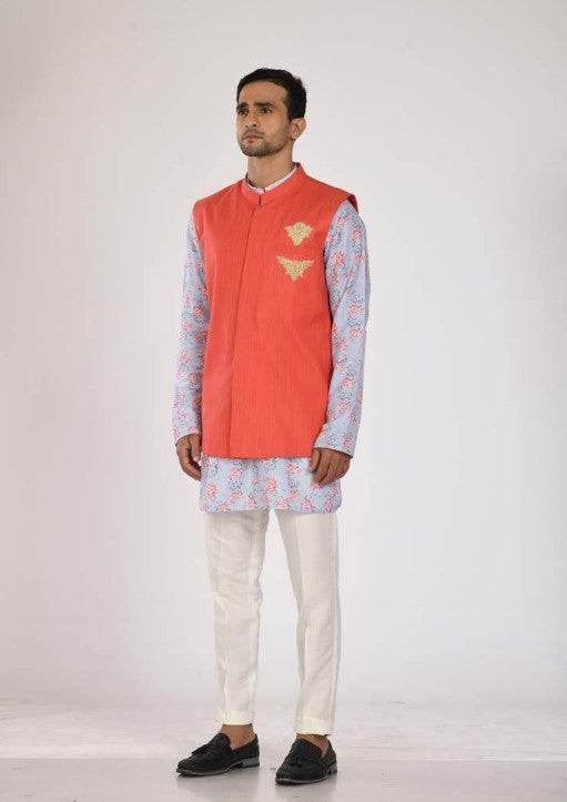 Blue Printed Kurta With Hand Embroidered Nehru Jacket With Pant