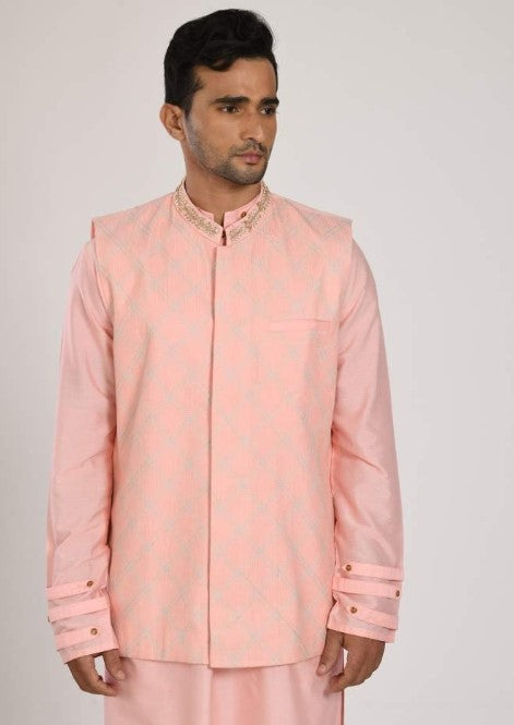 Pink Kurta With Stiched Detaled Nehru Jacket With Churidar