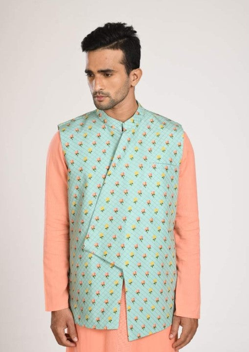 Peach Kurta With Asymmtrical Printed Jacket With Churidar