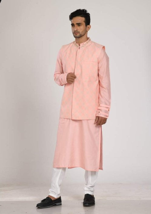 Pink Kurta With Stiched Detaled Nehru Jacket With Churidar