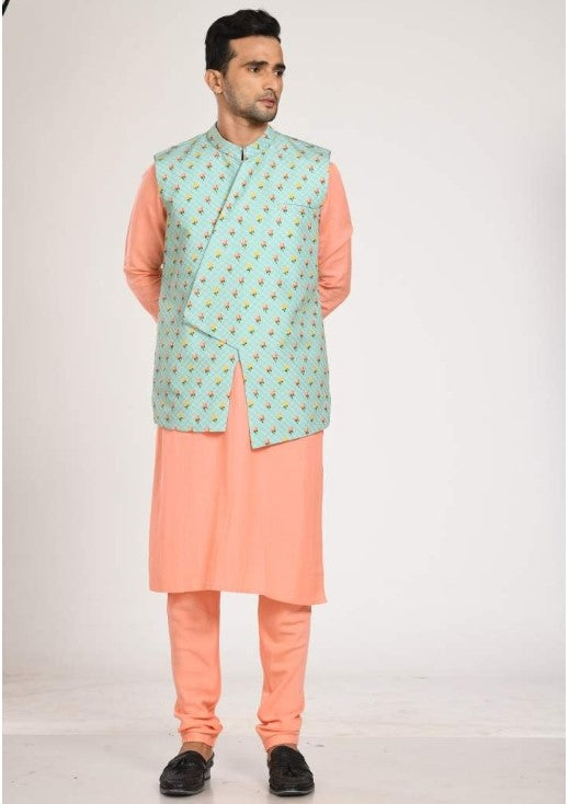 Peach Kurta With Asymmtrical Printed Jacket With Churidar