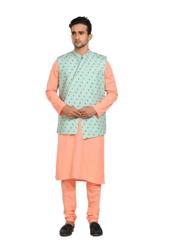 Peach Kurta With Asymmtrical Printed Jacket With Churidar