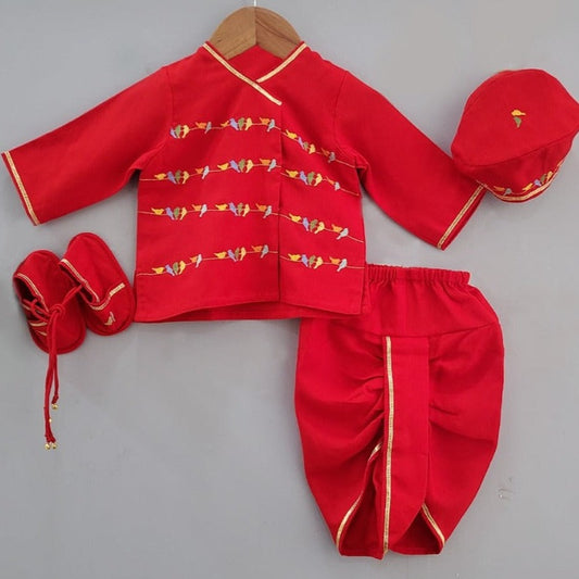 Jamana Boy Red Bird Embroidery With Dhoti