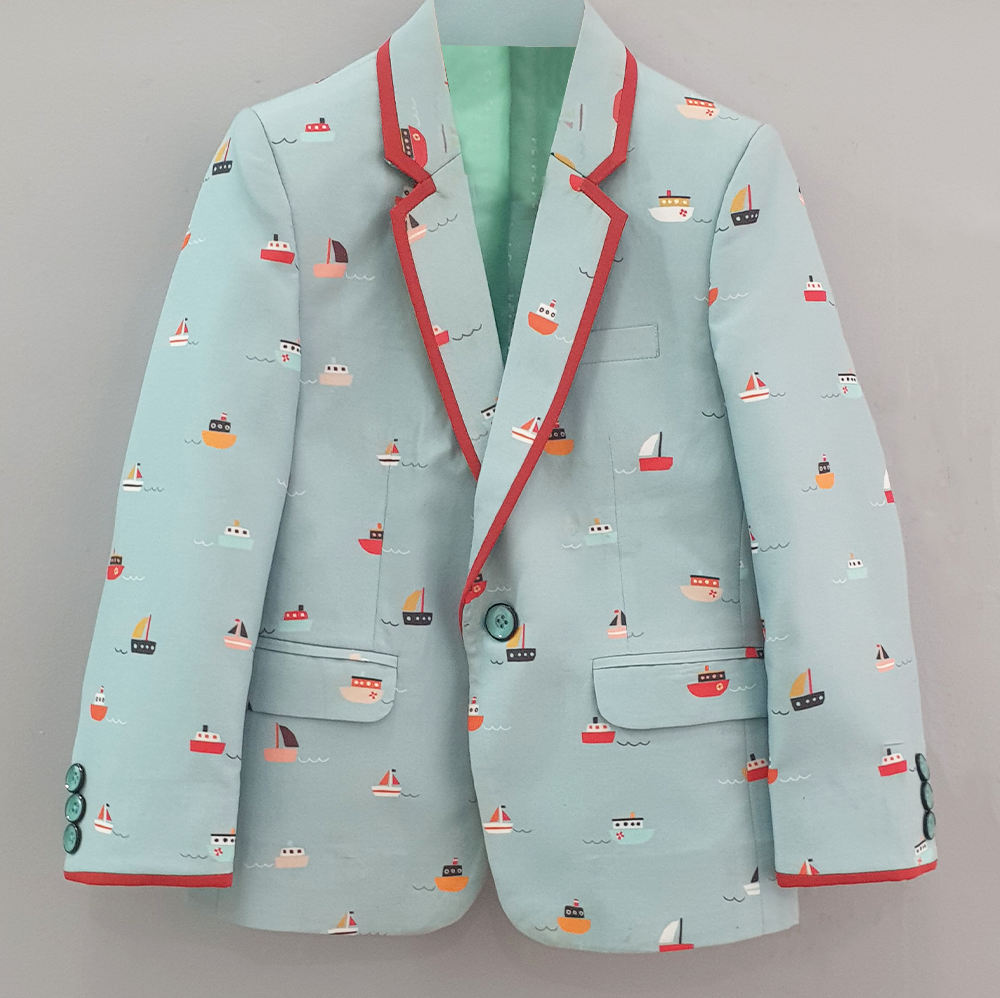 Aqua Blue Boat Printed Blazer