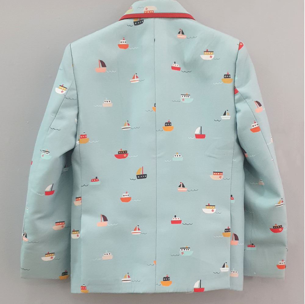 Aqua Blue Boat Printed Blazer