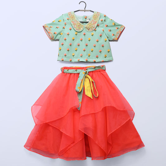 Aqua Green Printed Blouse/ Pan Embroidered Collar And Asyamartrical Peach Ghagara With Printed Belt
