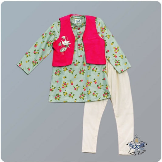 Bright Pink Hand Embroidered Jacket With Aqua Blue Printed Kurta And Katan Silk Churidar