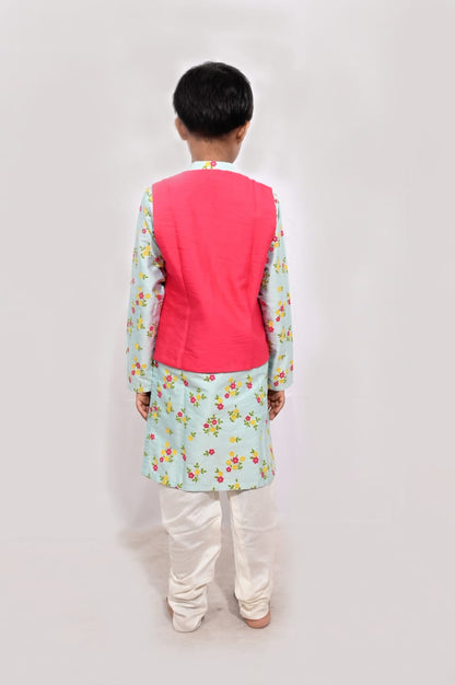 Bright Pink Hand Embroidered Jacket With Aqua Blue Printed Kurta And Katan Silk Churidar