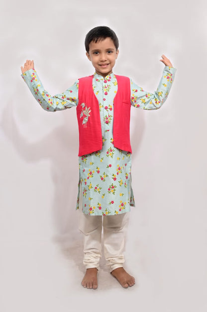 Bright Pink Hand Embroidered Jacket With Aqua Blue Printed Kurta And Katan Silk Churidar