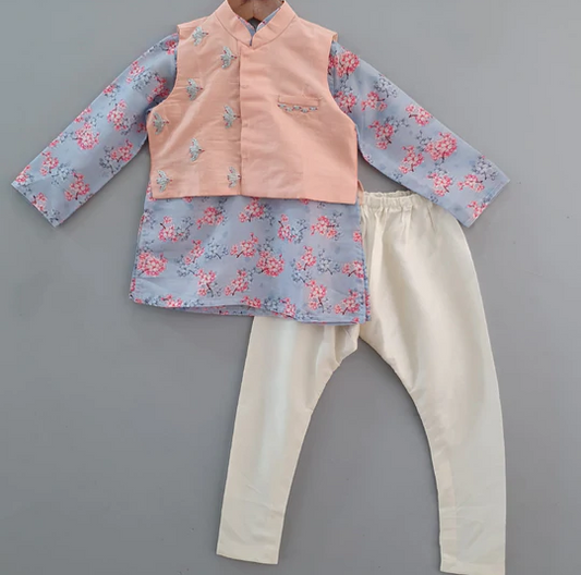 Blue Printed Kurta With Flying Bird Embroidered Pink Nehru Jacket Set