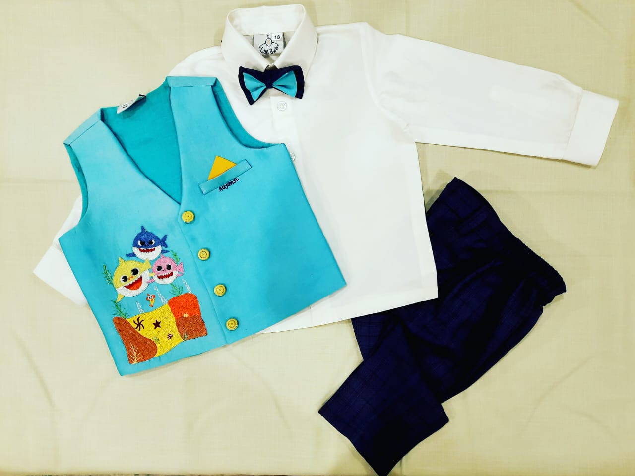 White Shirt/Navy Blue Pant/Baby Shark Embroidery Waist Coat With Bow Tie Set