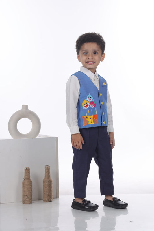 White Shirt/Navy Blue Pant/Baby Shark Embroidery Waist Coat With Bow Tie Set