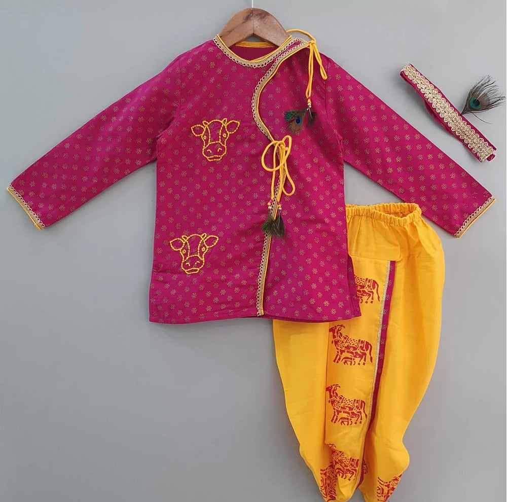 Magenta Kurta With Yellow Dhoti