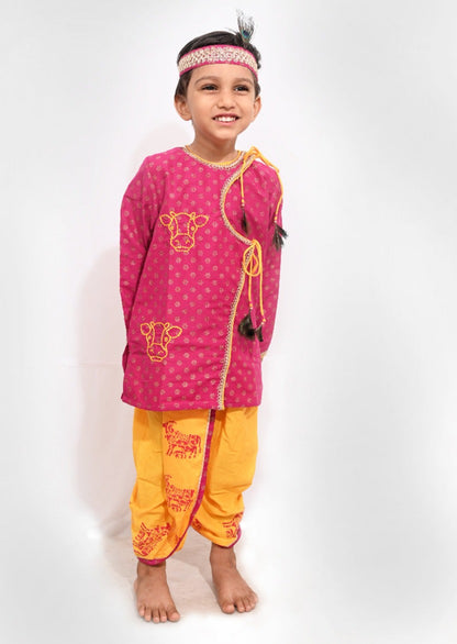 Magenta Kurta With Yellow Dhoti