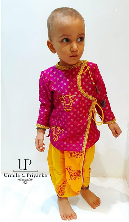 Magenta Kurta With Yellow Dhoti