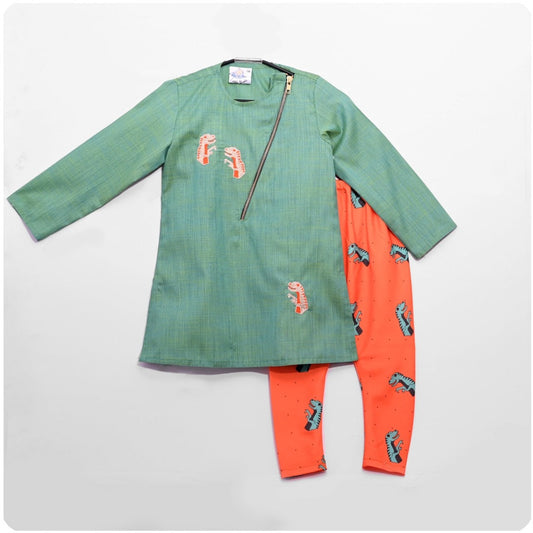 Dinosaur Cord Embroidered With Printed Pajama