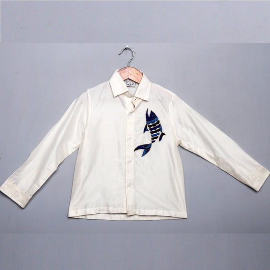 White Full Shirt With Hand Fish Embrodery
