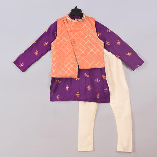 Honey Bee Printed Purple Kurta With Foil Print Aysmatrical Peach Jacket Set