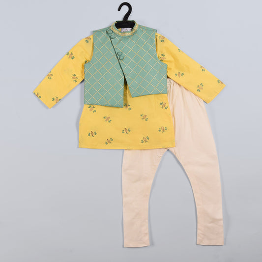 Honey Bee Printed Yellow Kurta With Foil Print Aysmatrical Aqua Blue Jacket Set