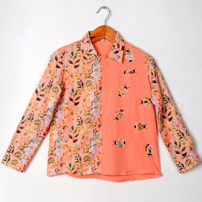 Peach Leafy Print Bugs Full Shirt Boy