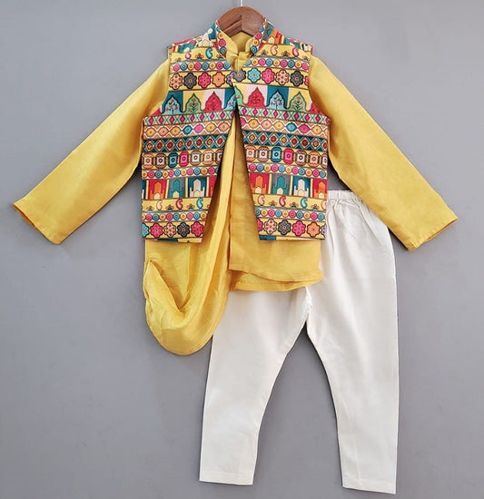 Yellow Drape Kurta With Multi Colour Asymmetrical Jacket Set