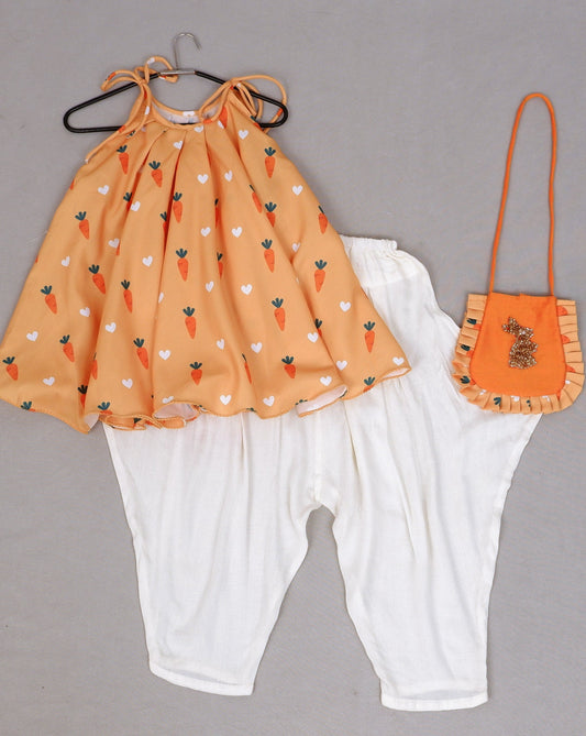 Orange Vintage Carrot Print Halter Top With Dhoti Pant