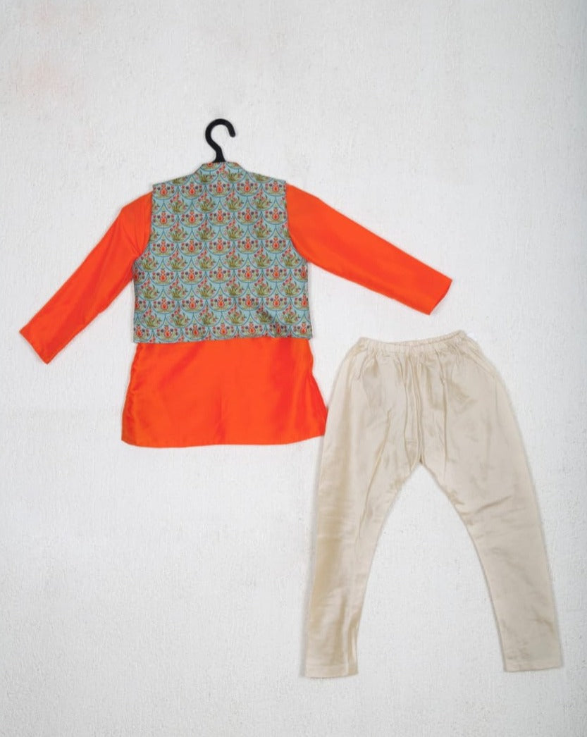 Orange Kurta With Printed Embroidered Jacket Set