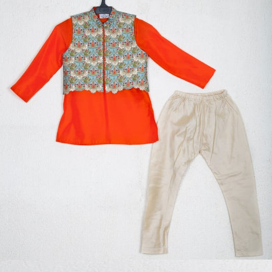 Orange Kurta With Printed Embroidered Jacket Set