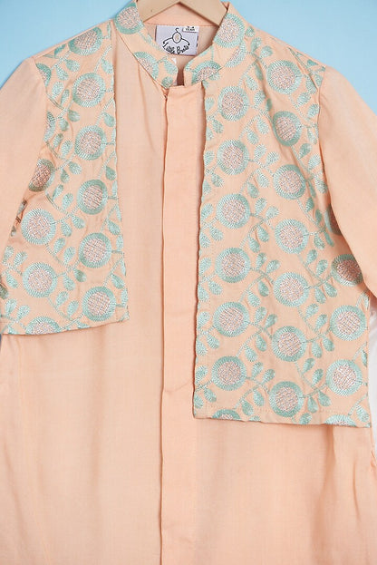 Peach And Aqua Green Heavy Embroiderey Attached Jacket Kurta Set