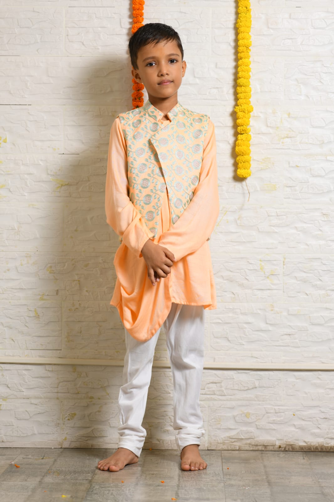 Peach Drape Kurta With Heavy Embroidered Asymmetrical Jacket Set