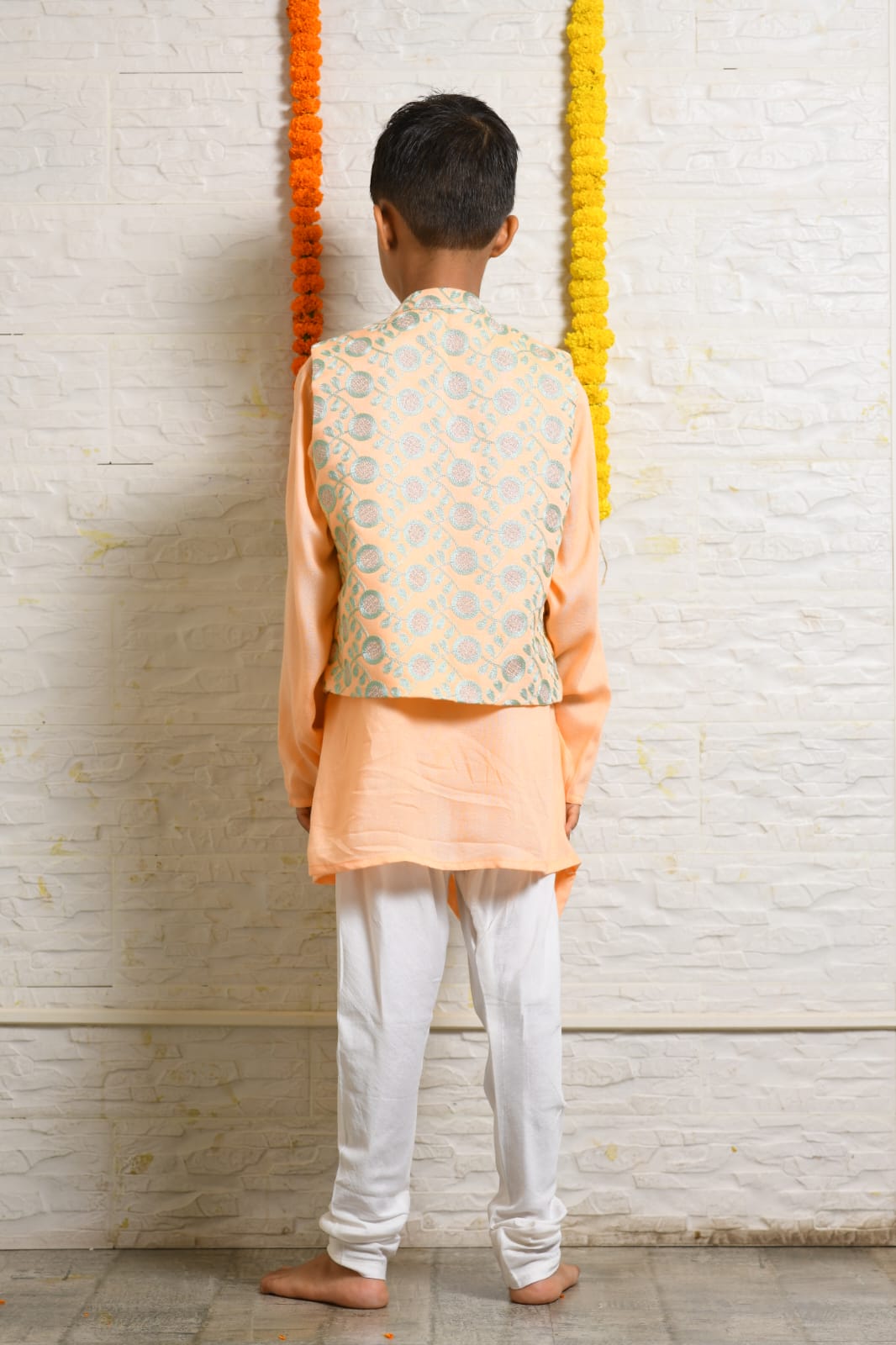 Peach Drape Kurta With Heavy Embroidered Asymmetrical Jacket Set