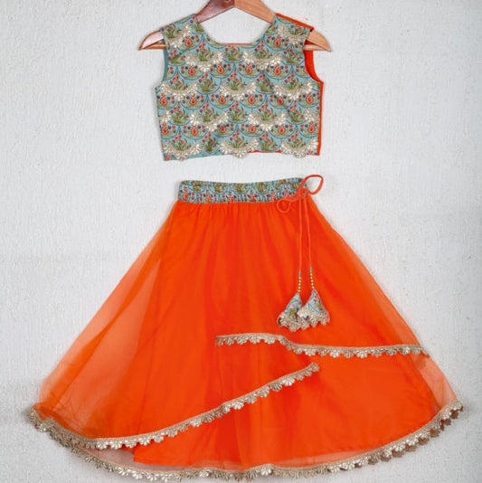 Printed Embroidered Stylish Blouse With Layered Ghagara Set