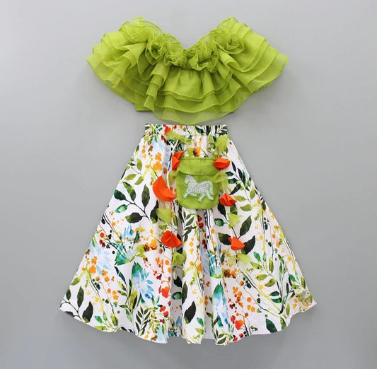 Pista Green Ruffle Blouse With Leafy Printed Ghagara With Pouch Set