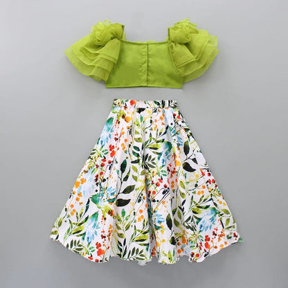 Pista Green Ruffle Blouse With Leafy Printed Ghagara With Pouch Set