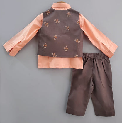 Pink Shirt With Grey Pant/Grey Honey Bee Print Half Jacket With Bow Tie Set