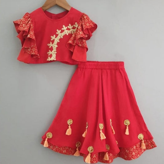 Red Embroidered Ghagara With Ruffle Sleeves