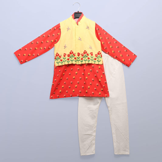 Yellow/Red Embroidered Jacket With Printed Kurta And Churidar