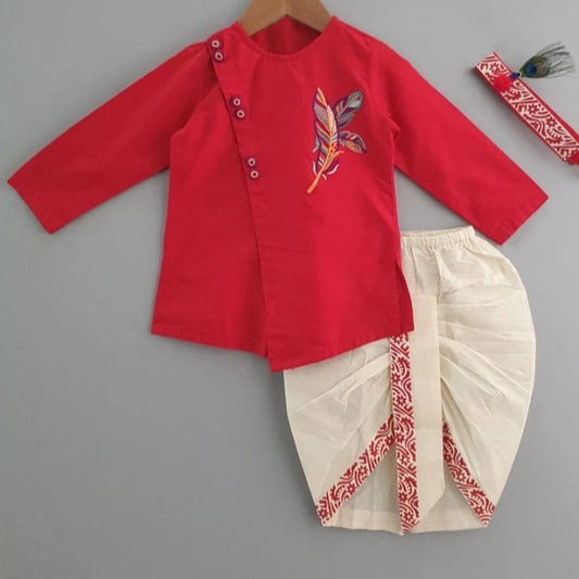 Red Embroidered Asysmrtrical Kurta With Printed Dhoti For Krishna Dress