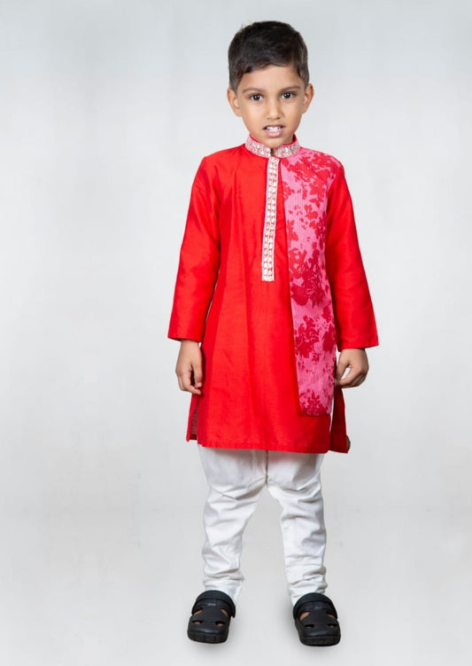 Red Embroidered Kurta With Kota Printed Attached Flap Set