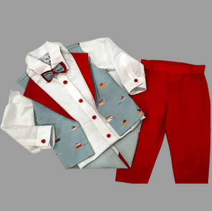 White Shirt/ Red Pant/Aqua Blue Boat Print Half Jacket/Bow Set