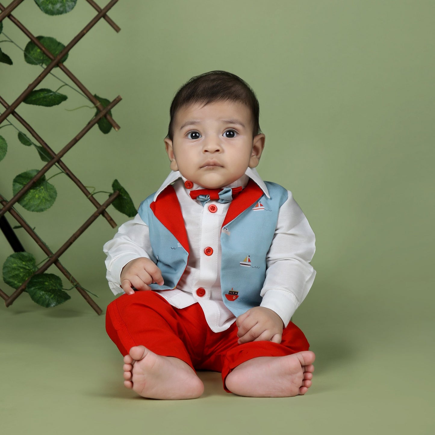 White Shirt/ Red Pant/Aqua Blue Boat Print Half Jacket/Bow Set