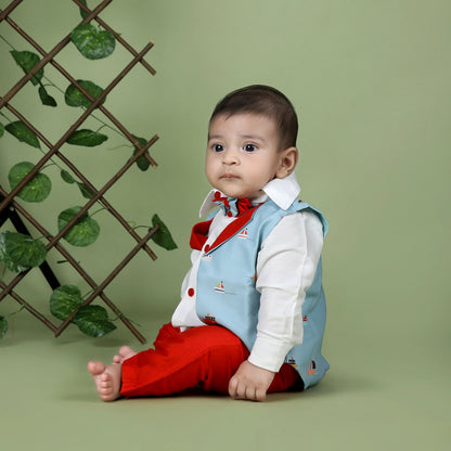 White Shirt/ Red Pant/Aqua Blue Boat Print Half Jacket/Bow Set