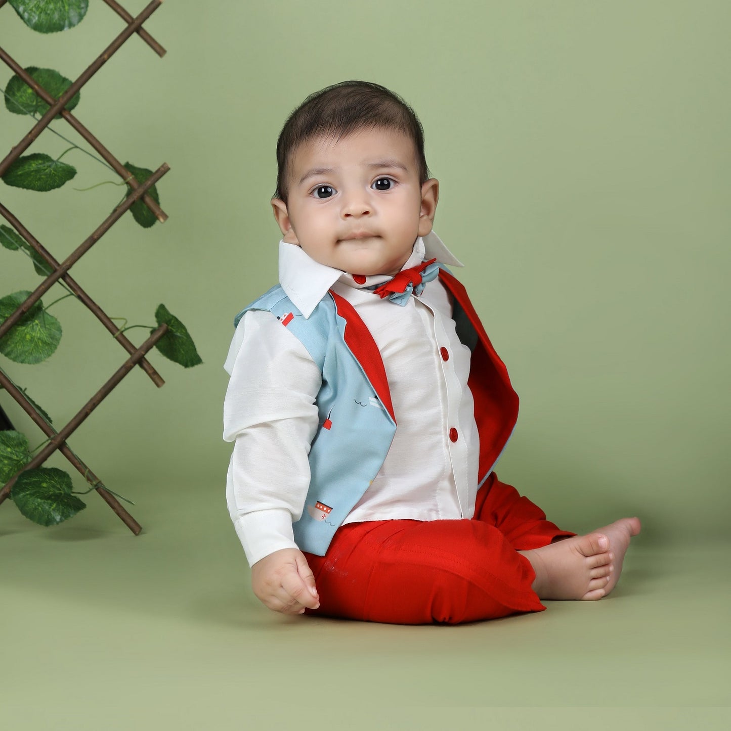 White Shirt/ Red Pant/Aqua Blue Boat Print Half Jacket/Bow Set