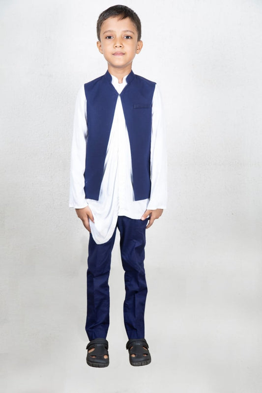 White Drape Shirt With Stylish Half Jacket With Pant Set